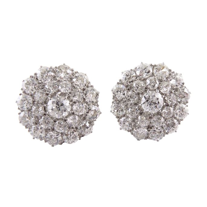 Pair of antique diamond cluster stud earrings, flowerhead panels set with old brilliant cut stones | MasterArt